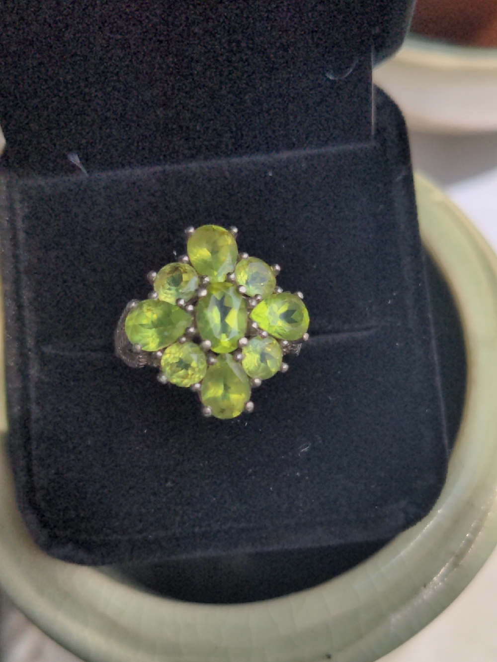 New Green Peridot Cluster Ring, Solid Sterling Silver, Sz 8 1/4, Floral Genuine